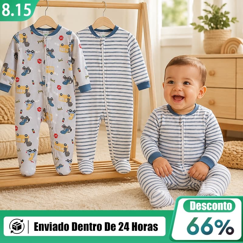 Kit 2 Macacões Bebê Menino Manga Longa com Pezinho Estampa Veículos e Listras