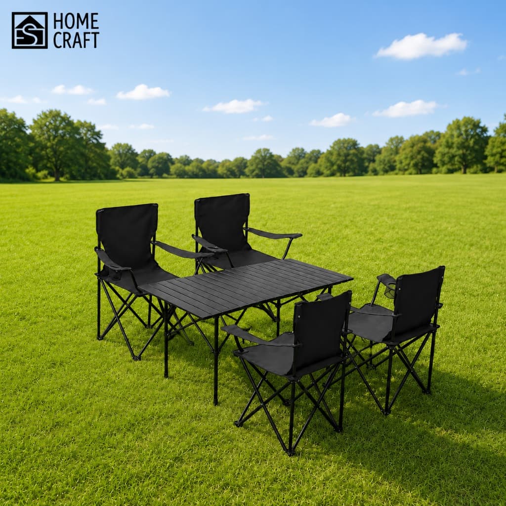 Conjunto Camping Mesa Dobrável + 2 /4 Cadeiras Dobráveis Pretas Portátil para Praia Pesca Piquenique Jardim