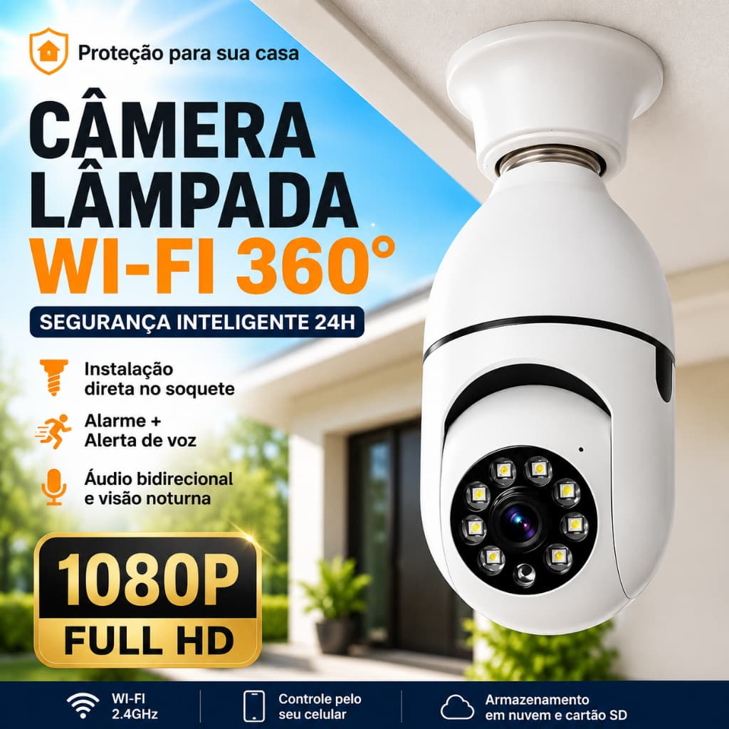 Câmera de Segurança Lâmpada E27 WiFi 360° 1080P Visão Noturna Colorida Detecção Movimento Áudio Duas Vias