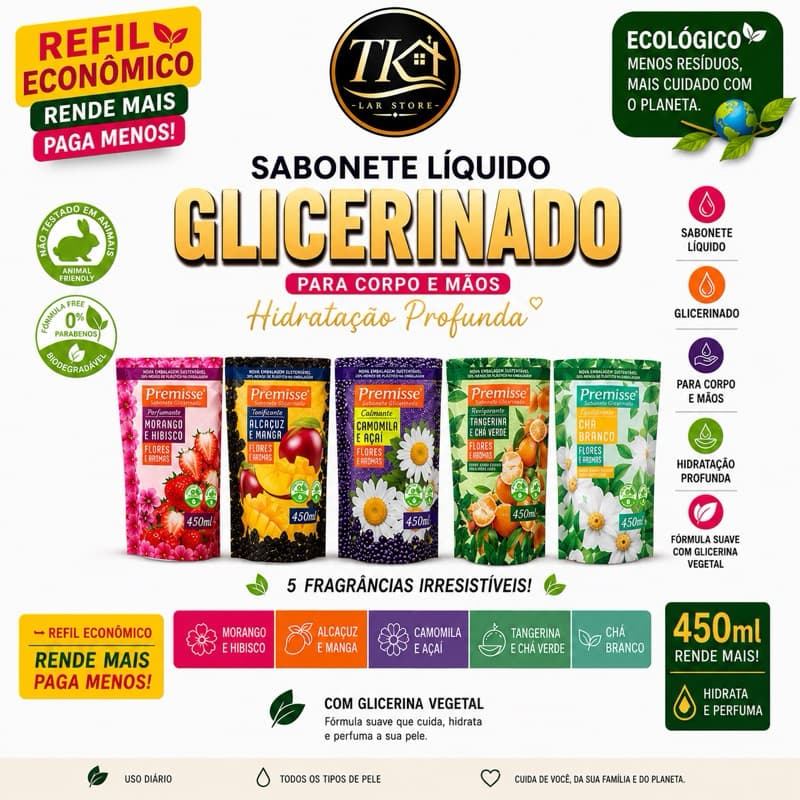 Kit 2  ou 3 Refil de Sabonete Líquido 450ml, Glicerinado, para banho e mãos, Flores e Aromas Premisse