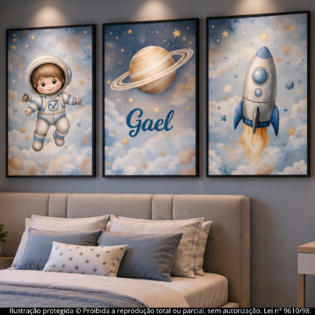 Kit Quadros Decorativos 3 Peças Infantil Espaço Astronauta Personalizado Nome Universo Foguete