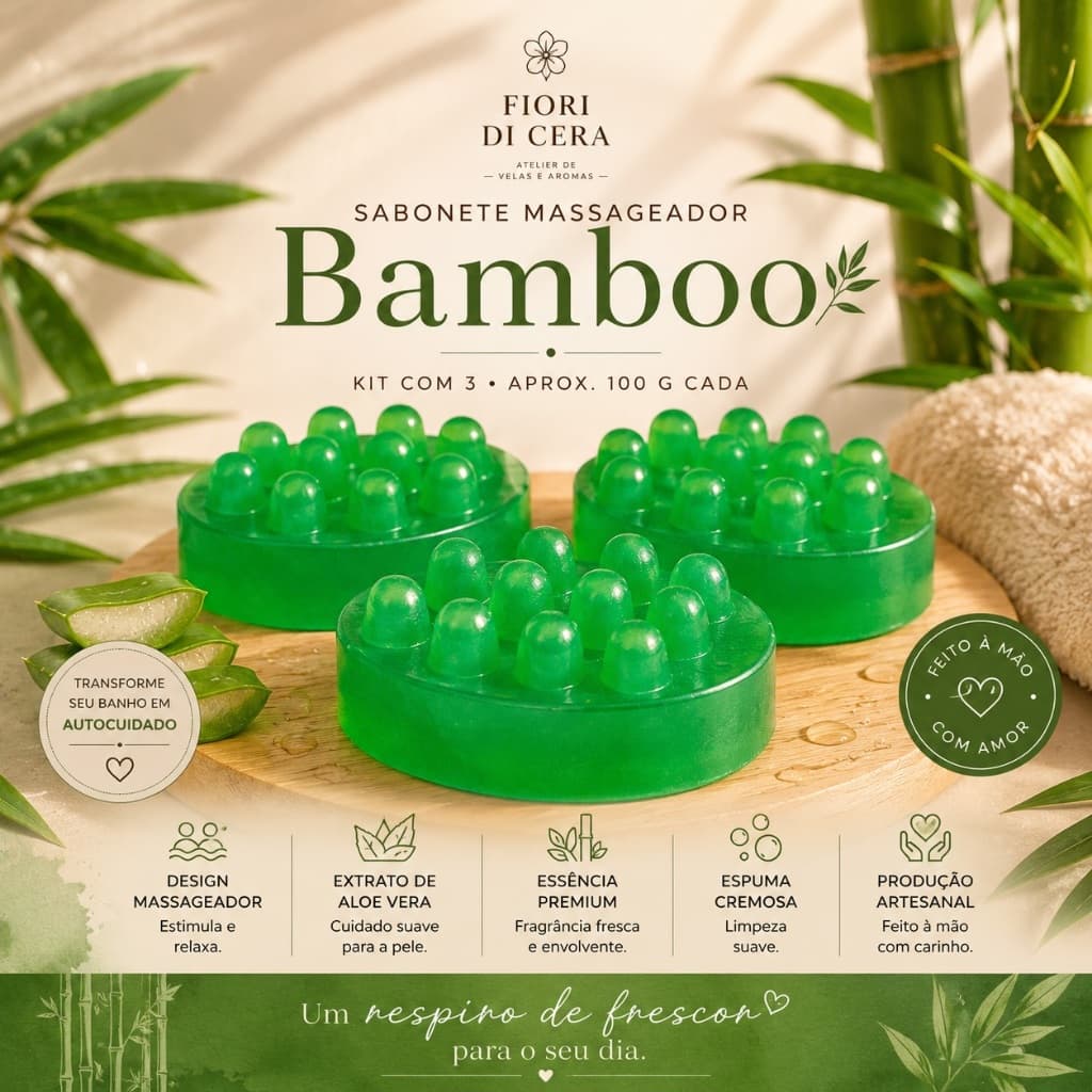 Kit 3 Sabonetes Massageadores Bamboo Artesanal | Aloe Vera | Base Glicerinada | 100g cada