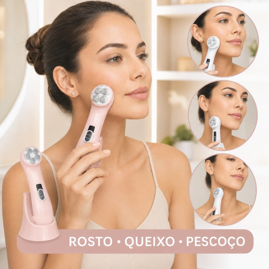 Massageador Facial e Pescoço Recarregável com Fototerapia LED, Vibração e Base Carregadora KA-6375