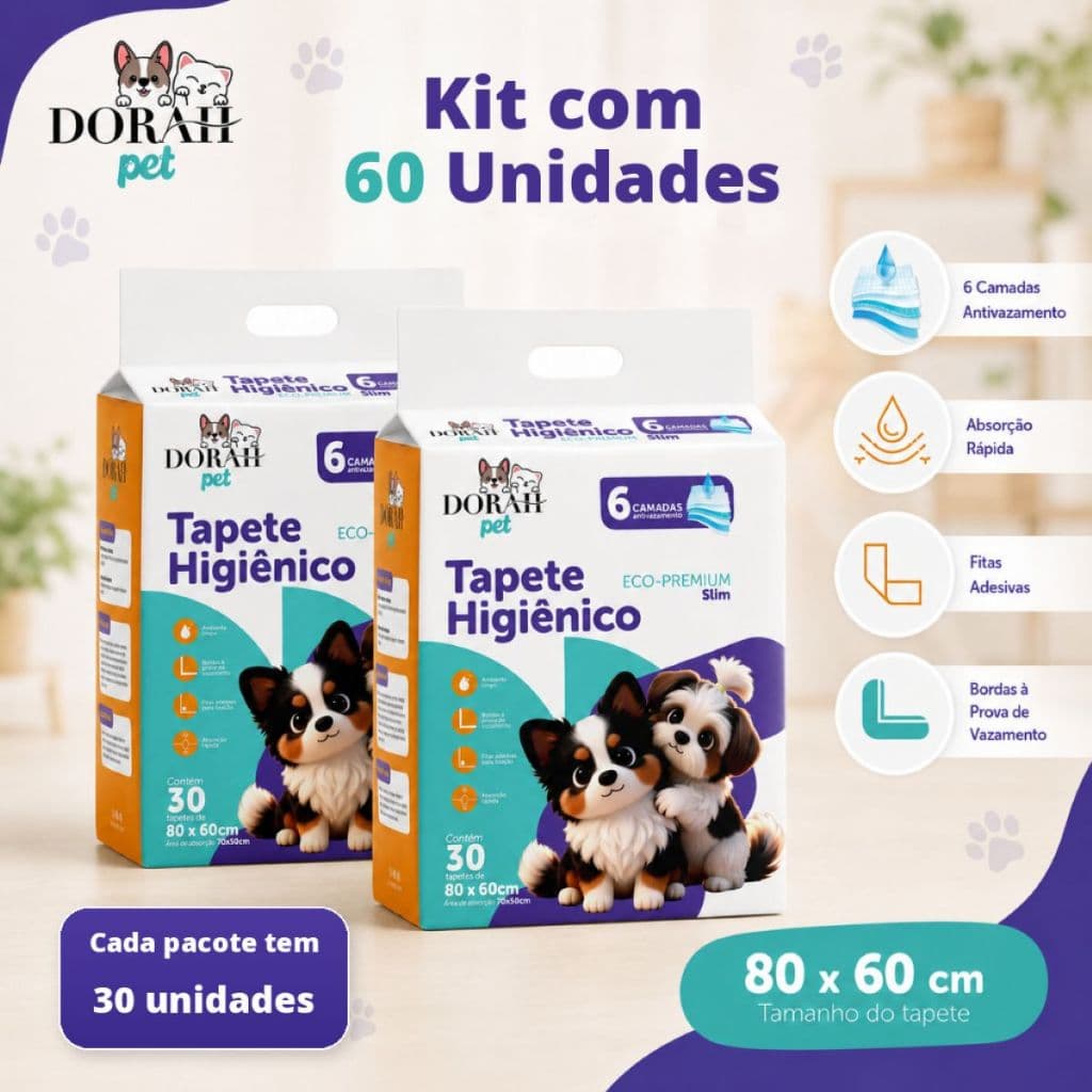 60 Tapete Higiênico 80x60cm Dorah Pet Eco Premium Slim 6 Camadas Antivazamento, Rápida Absorção (2x30 Unidades)