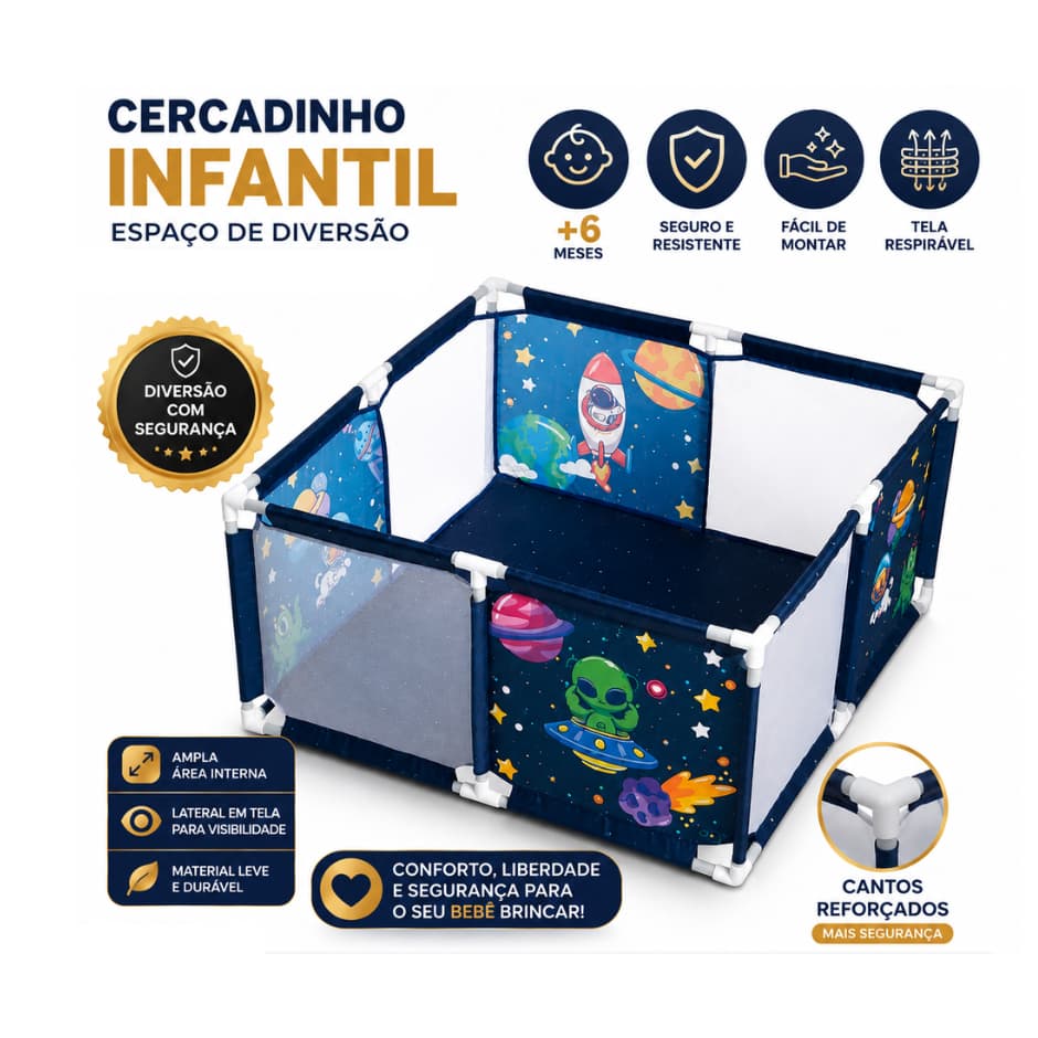 Cercadinho Quadrado Infantil Portátil Playpen Chiqueirinho para Bebê  Space Azul