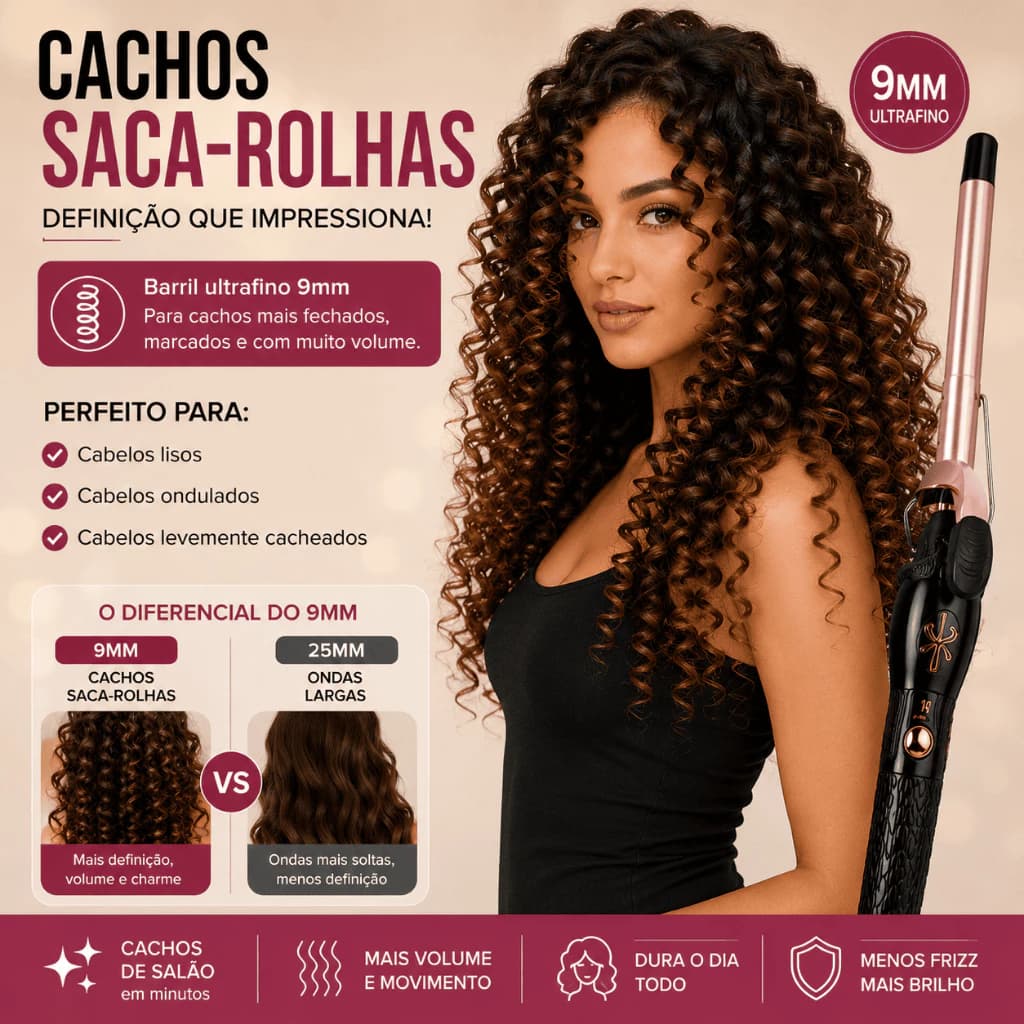 Modelador De Cachos Giro Automático 9mm Profissional Aquecimento Rápido Bivolt Cachos Finos Suporte de Apoio Anti Frizz