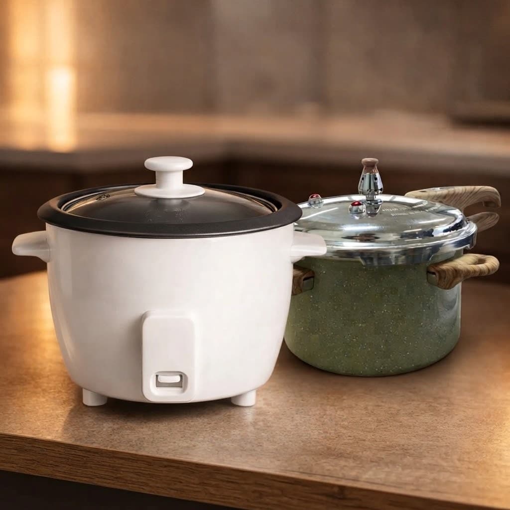 Kit Cozinha Prática: Panela de Arroz Elétrica 1,3L Branca 220V e Panela de Pressão Max Chef Wood Indução 4,2L Cinza