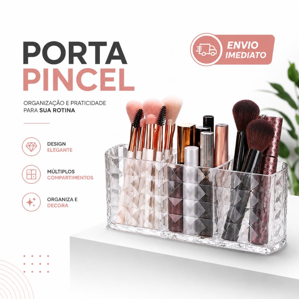 Porta Pincel 3 Divisorias Diamante Organizador De Mesa Acrílico Maquiagem Batom Banheiro Quarto Escritório