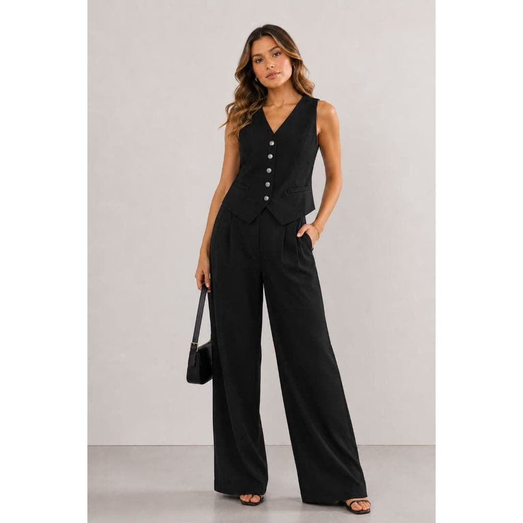 Conjunto Feminino Colete com Botões e Calça Pantalona Cintura Alta Social Elegante Casual