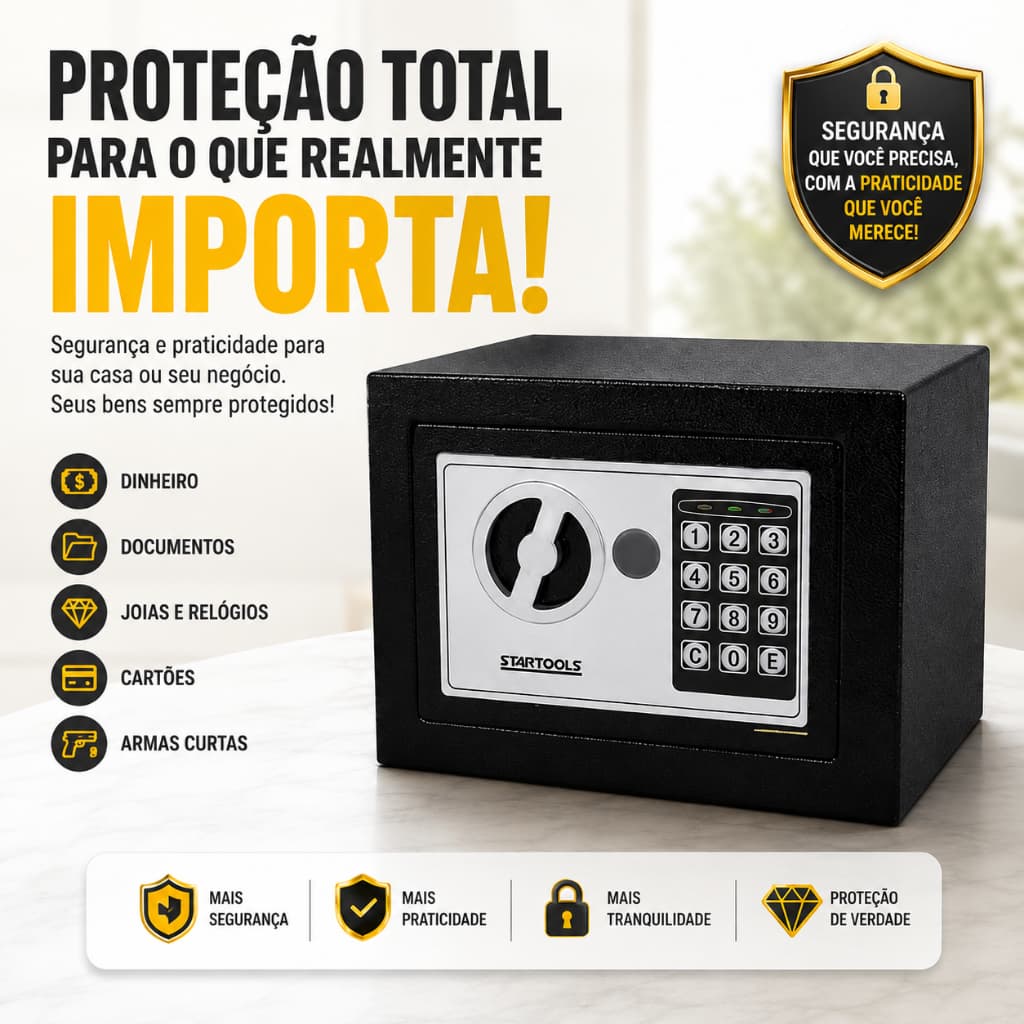 Cofre Digital Eletronico Teclado Chave Reserva Compacto Seguro Preto Residencial Escritório