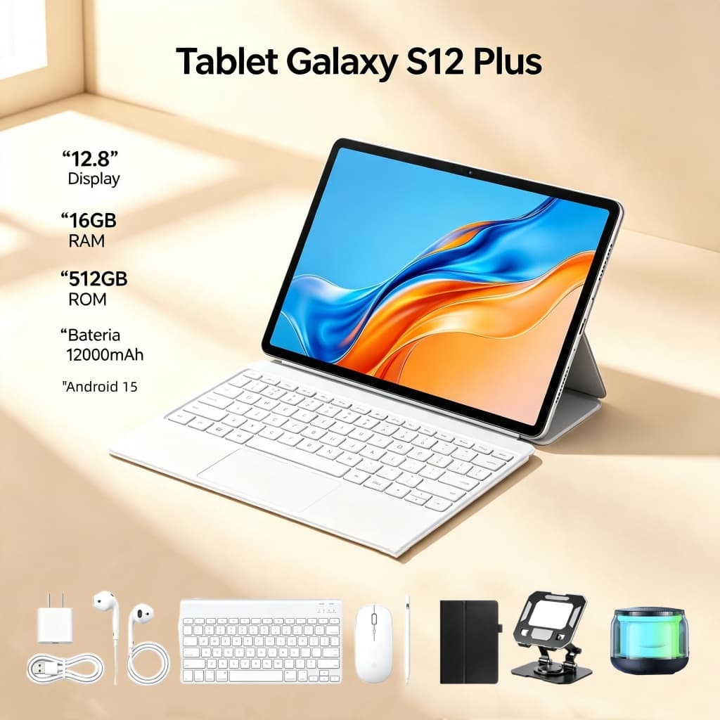 Tablet Galaxy S12 Plus 12.8 polegadas, 16 GB + 512 GB, 12000 mAh, 5G, Bluetooth e Wi-Fi – Tablet para trabalho