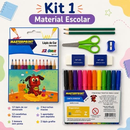 Kit Material Escolar Infantil Volta às Aulas Lápis Canetinhas Tesoura Borracha Apontador