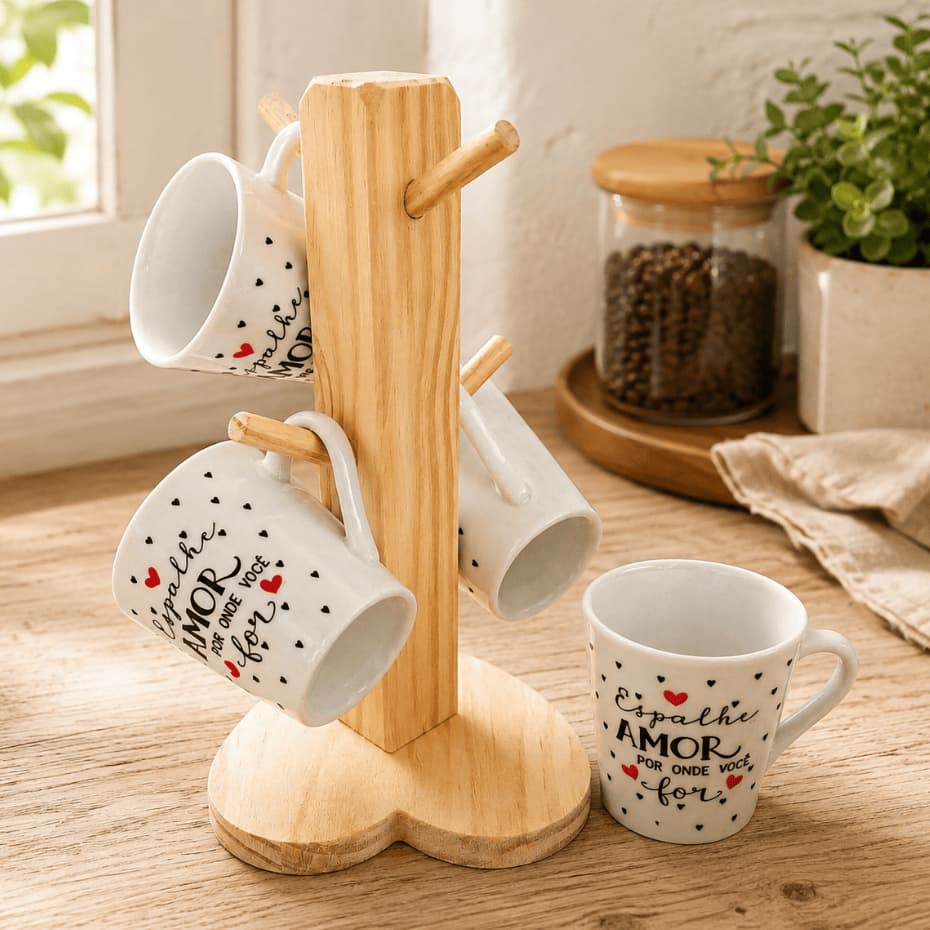 Jogo Kit 4 Xicaras para Cafe 120ml Porcelana Decorada com Suporte de Madeira Porta Xícara