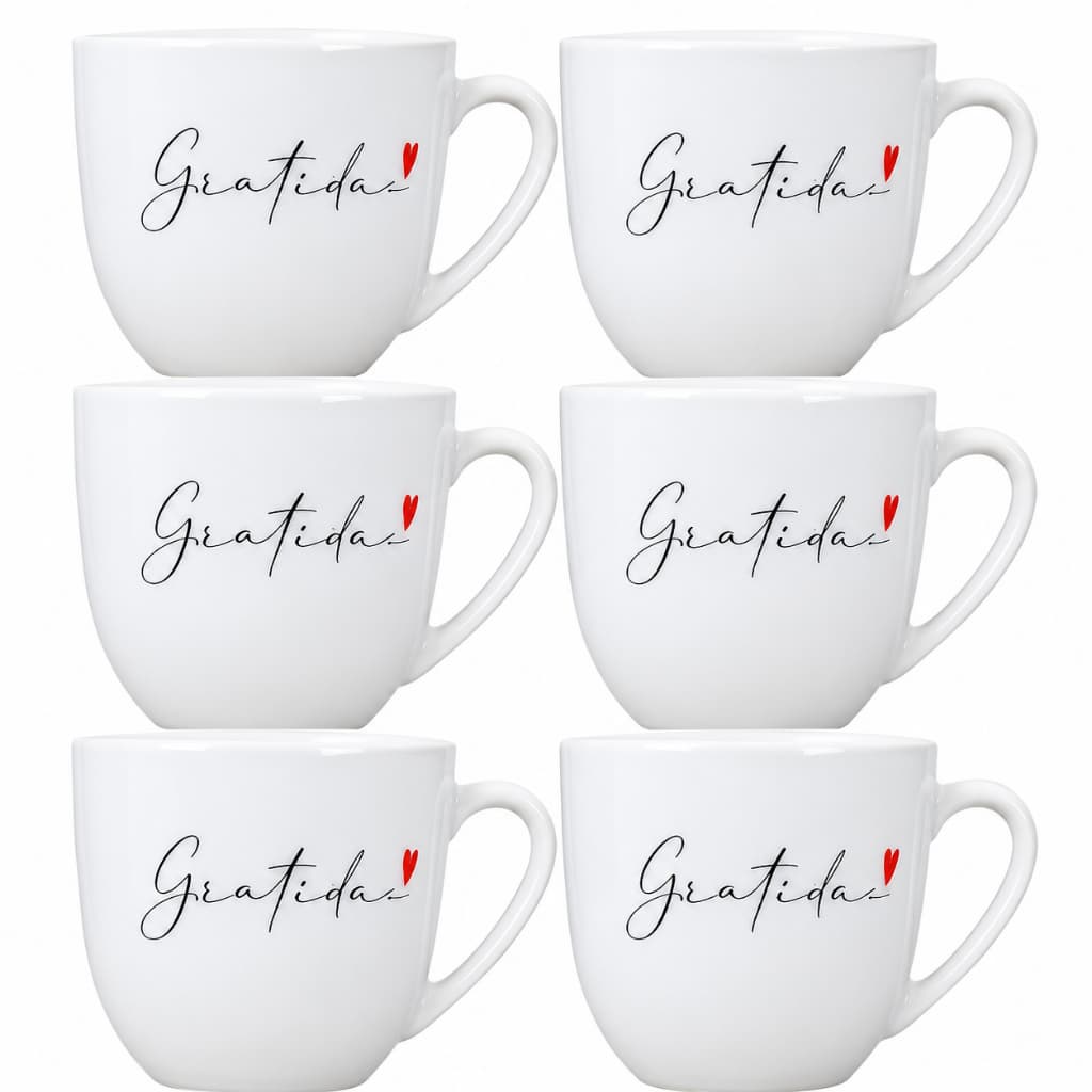 Jogo 6 Xicaras para Cafe Porcelana Branca Chá 170ml Gratidão