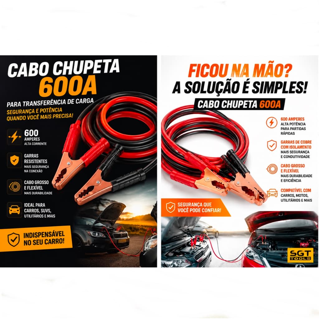 Cabo Para Bateria Chupeta De Carro Transferência De Carga 3,5 Metros 600A