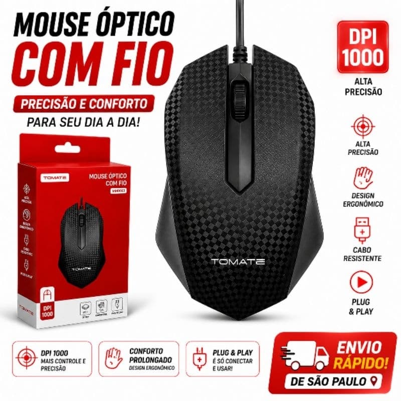 Mouse Optico Com Fio USB Tomate MMO003 1000 DPI Para PC Notebook Escritorio Trabalho