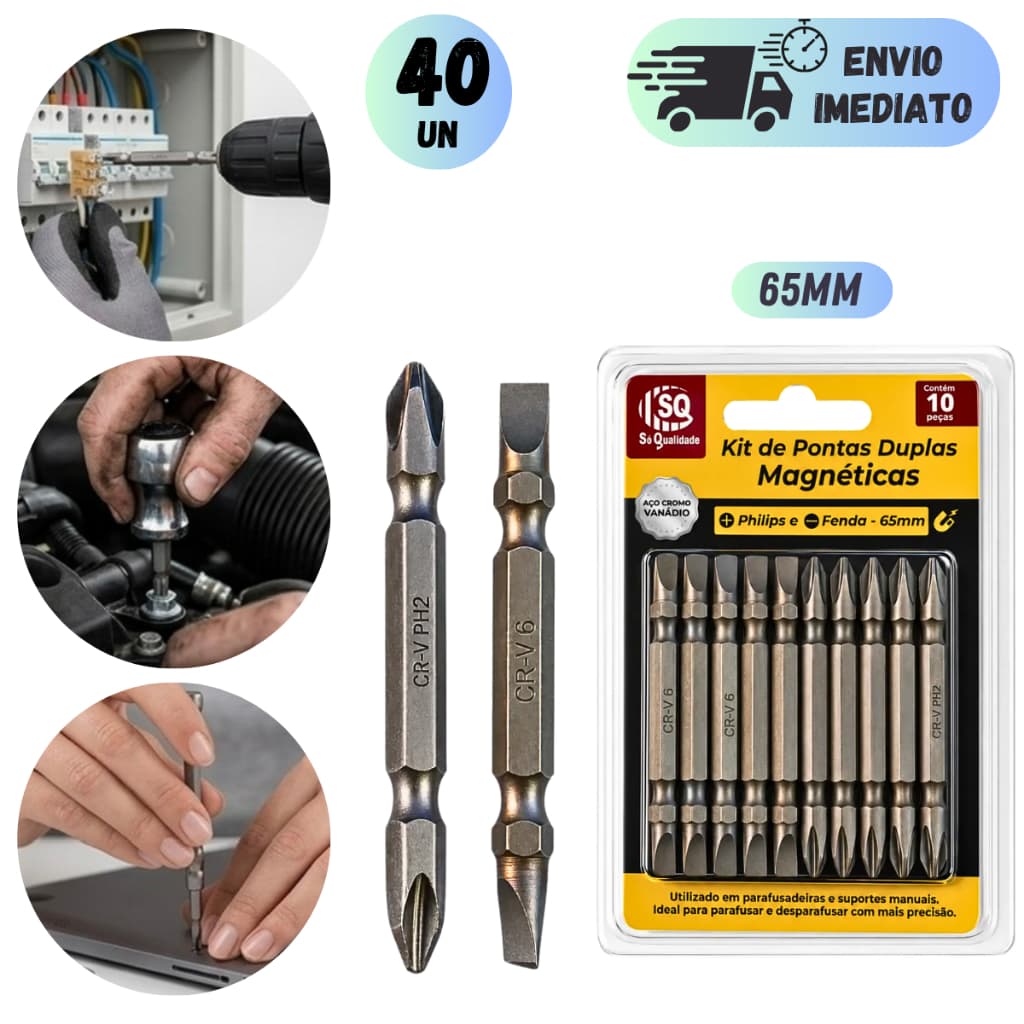 CONJUNTO PONTA DUPLA MAGNÉTICA PARAFUSADEIRA BROCAS PONTEIRA PHILIPS E FENDA 65MM