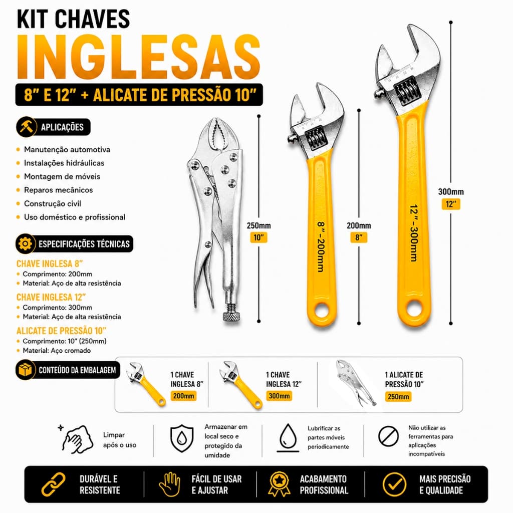 Kit Alicate De Pressão + Jogo de Chave Inglesa 12 e 10 Polegadas