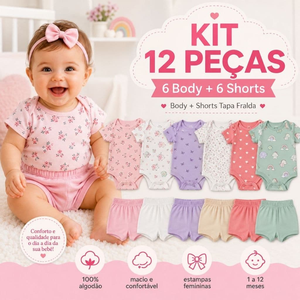 Kit 12 Peças Menina Bebê 6 Body + 6 Shorts Conjunto Infantil Manga Curta Estampados Tapa Fralda