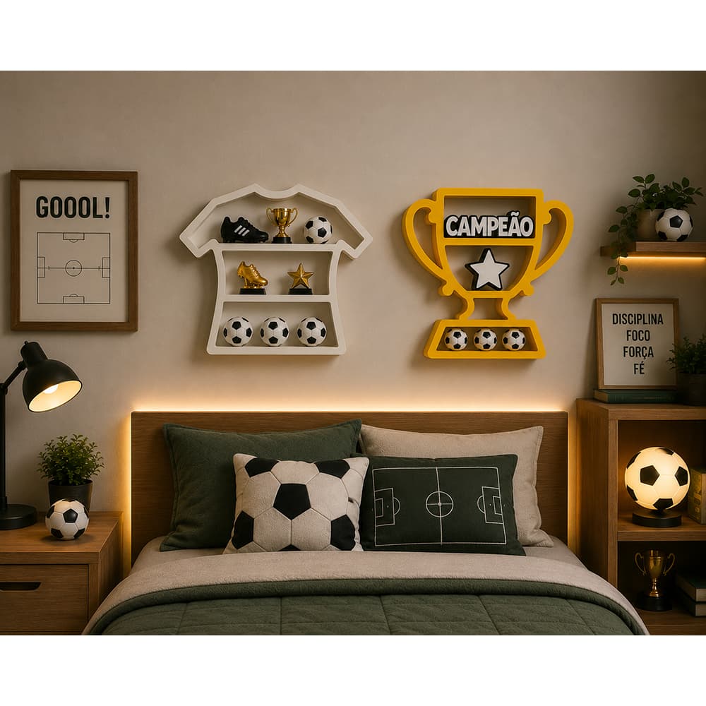 1 Nicho Prateleira Camisa  Taça Futebol Decoração Quarto Infantil Menino