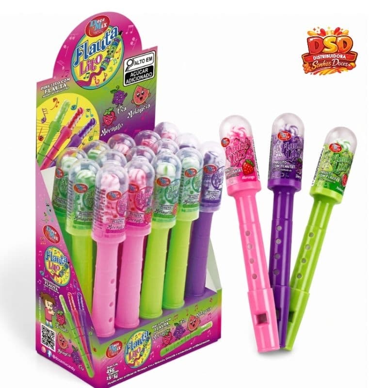 PIRULITO FORMATO DE FLAUTA DISPLAY  C/15UN × 3G - DOCE MIX CANDY SABORES MORANGO, UVA E MELANCIA