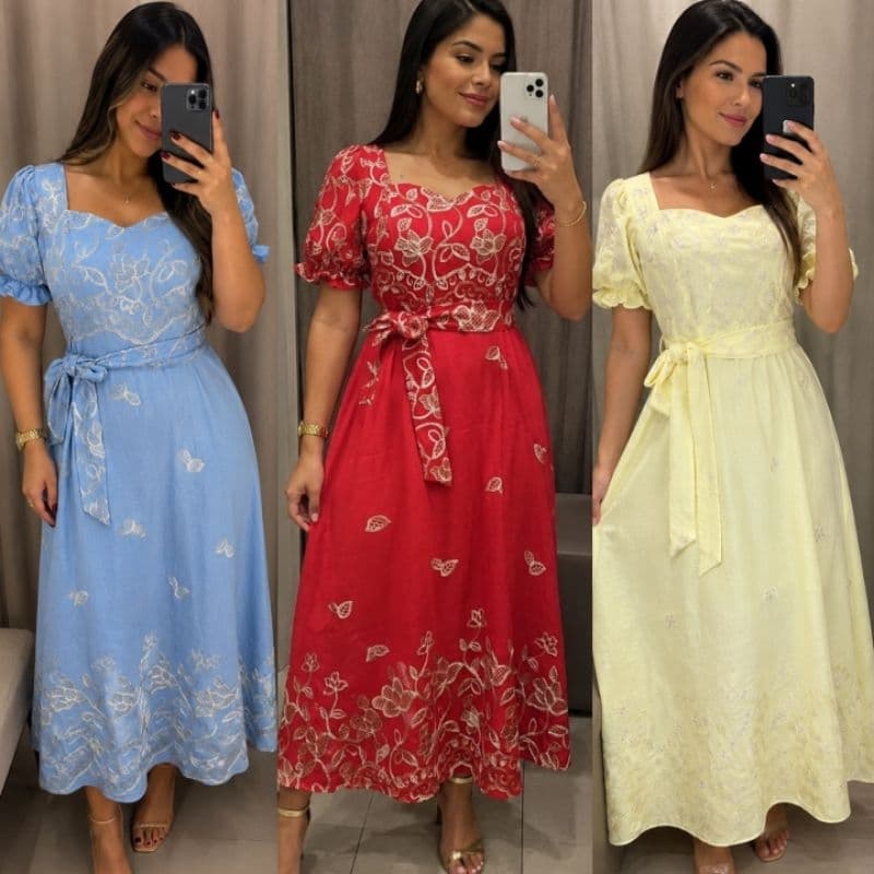 vestido femenina Longo bordado no tecido biscoamida elegante com cinto gola coração forrado casual congresso casamentos