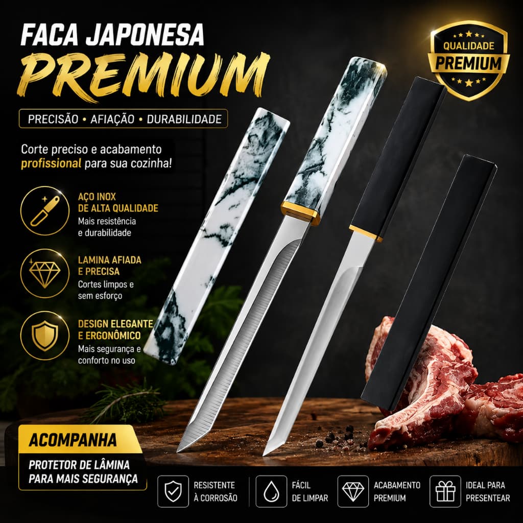 Faca Artesanal Premium com Bainha Protetora | Lâmina Afiada | Cabo Preto ou Branco Mármore