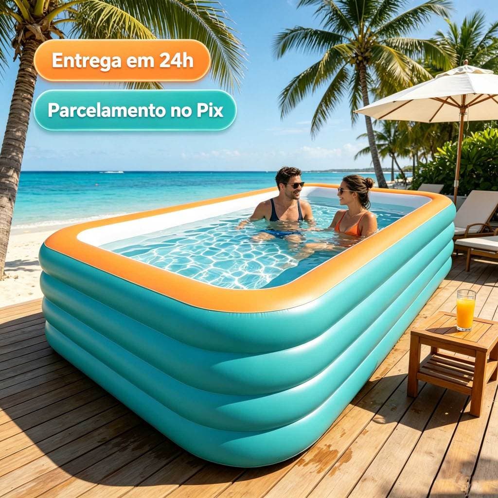 Piscina inflável de PVC reforçada, grande capacidade – uso doméstico. Dobrável, inflagem rápida e fácil instalação.