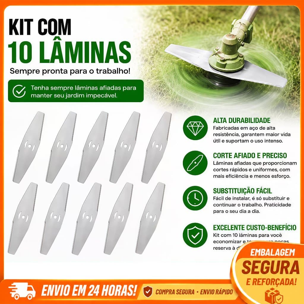 Kit 10 Lâminas Facas para Roçadeira Aparador Cortador de Grama Peças de Reposição