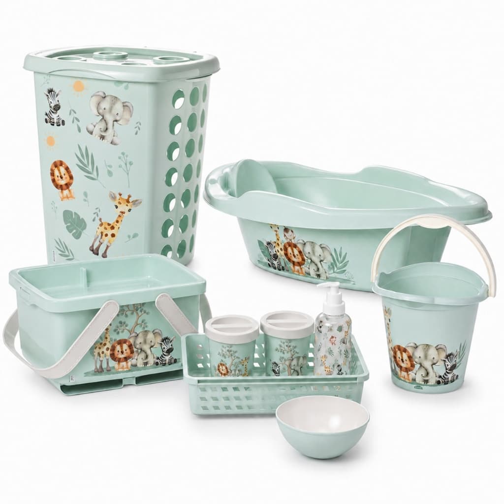 Kit Plasútil Luxo Infantil Cesto Roupas Banheira Balde Caixa Organizadora Fraldas Kit Higiene Bebê
