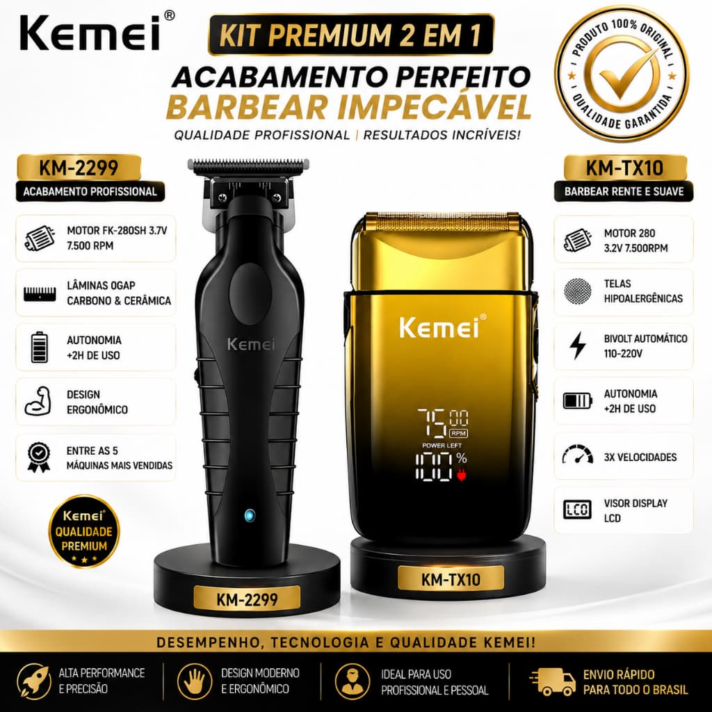 kit 2 máquinas kemei Profissional Máquina de Acabamento km-2299 0Gap + Barbeador Elétrico km-Tx10 +7500RPM Original