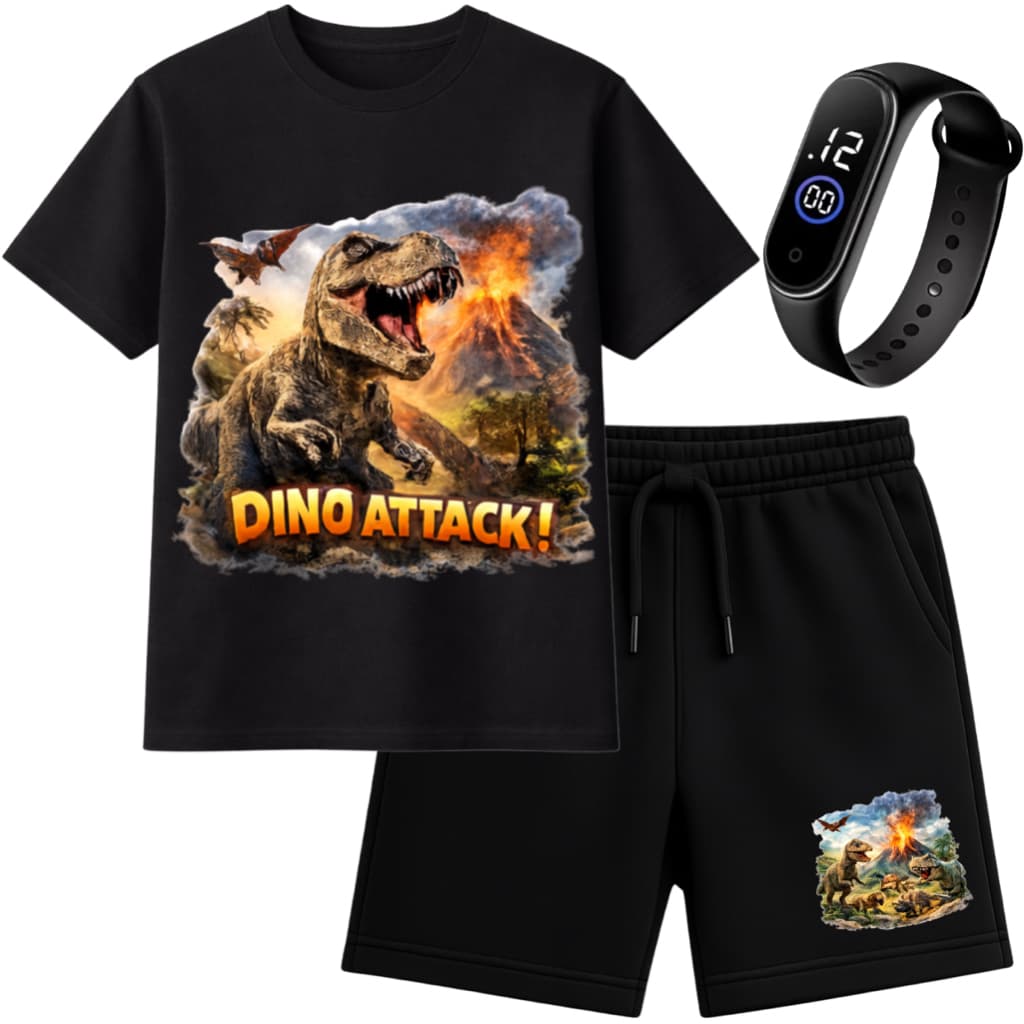 Kit Infantil Menino Dinossauro Camiseta + Bermuda Conjunto Verão Mais Relogio