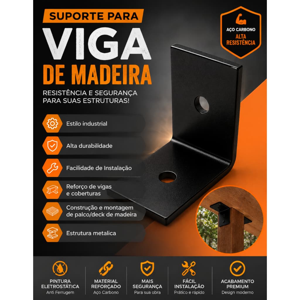 1 Pç Cantoneira Apoio L Para Viga Super Reforçada Preta 5x5cm