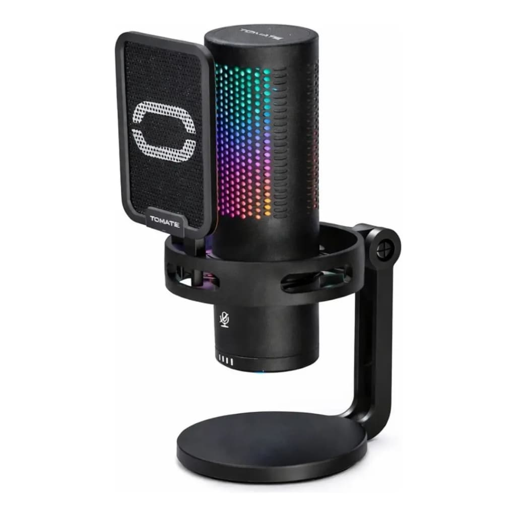 Microfone Gamer RGB Tomate MT-1090R USB Cardioide Plug Play Streaming Podcast PC Notebook Controle Volume Pop Filter