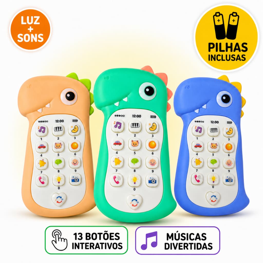 Celular Infantil Dinossauro Telefone Musical Interativo Luz Som Pilhas Mordedor Sensorial Educativo Bebê