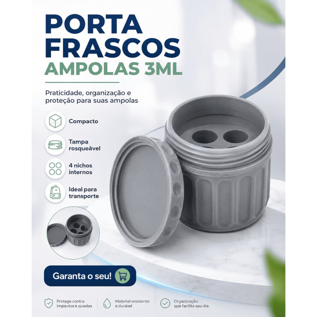 Porta Frascos Ampolas 3ml | 4 compartimentos | Tampa Rosqueável | Compacto | Proteção para Transporte
