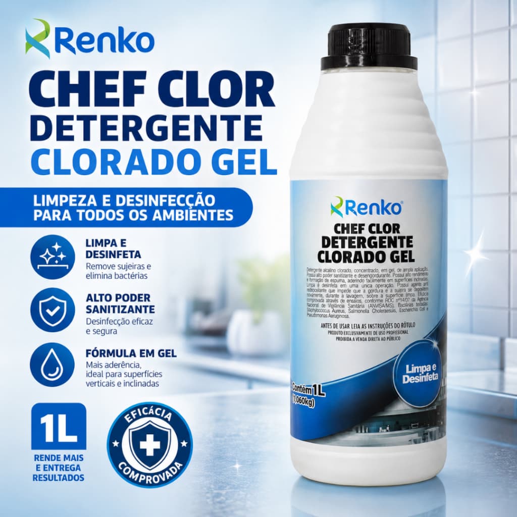 Chef Clor Detergente Desinfetante Clorado 1L Limpeza Profissional Desengordurante Cozinha Superfície
