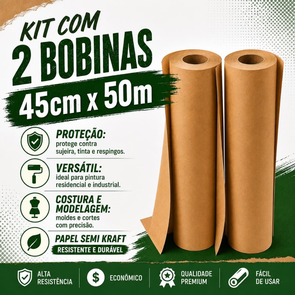 Kit 2 Bobinas Papel Semi Kraft 45cm x 50m para Pintura Mascaramento Proteção de Pisos e Móveis
