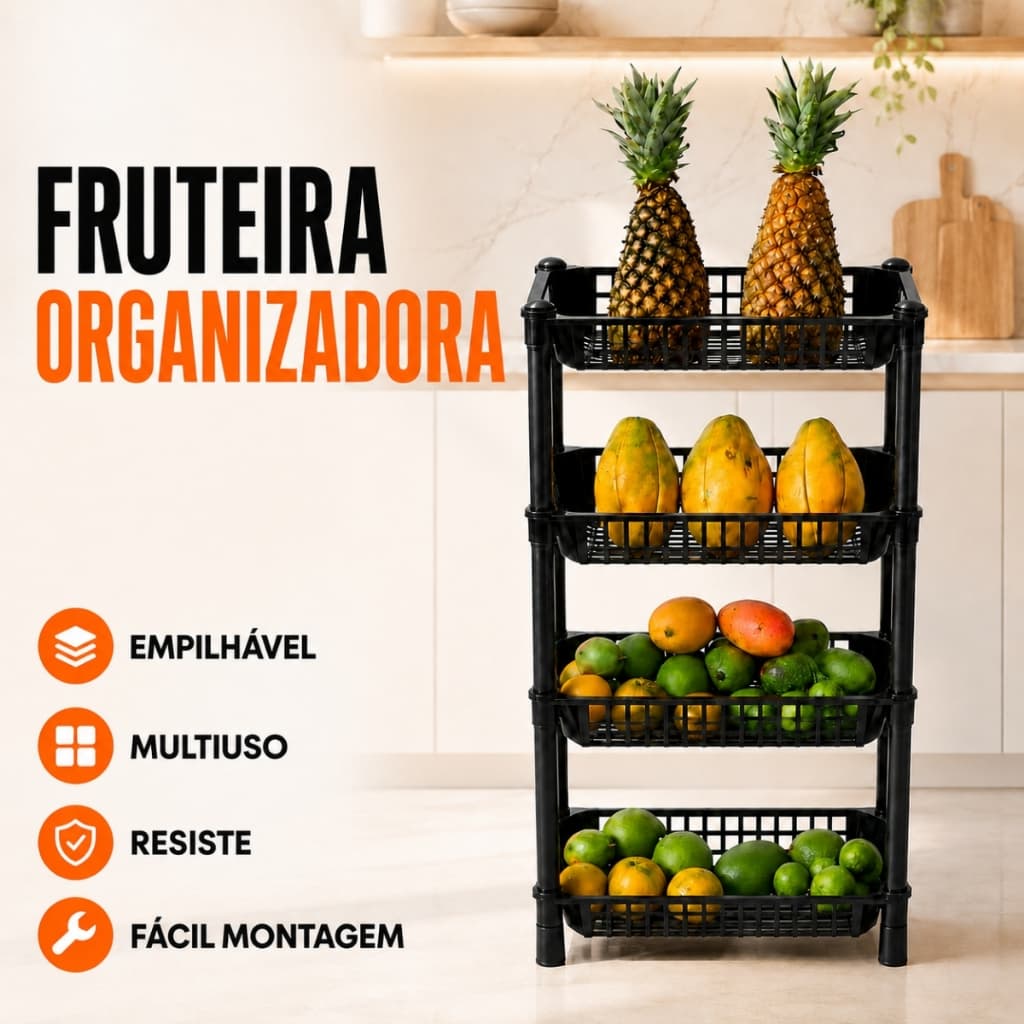 Fruteira Chão Estante Cozinha Cesto Organizador Empilhável Plastico Resistente 3 e 4 Andares