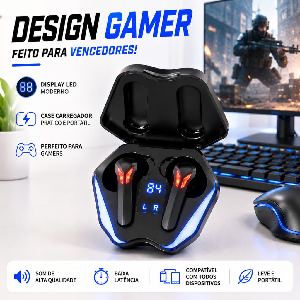Kit 3 Fones de Ouvido Bluetooth Gamer TWS com Case Display LED e Carregamento USB-C para Jogos e Música