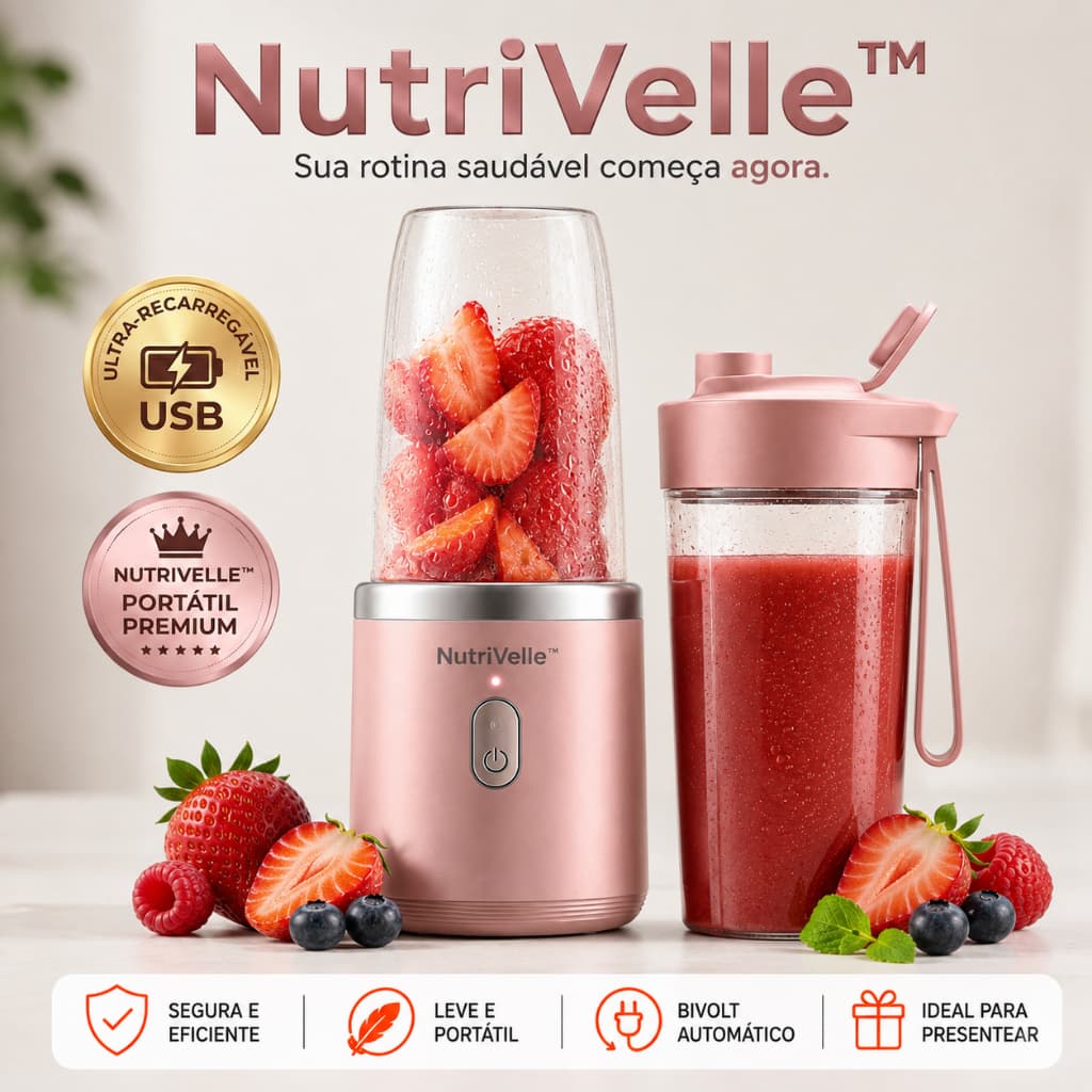 Mini Liquidificador Portátil NutriVelle™Rosa Recarregável USB 6Lâminas Garrafa Copo Mixer Para Shake Whey Vitamina 400ml