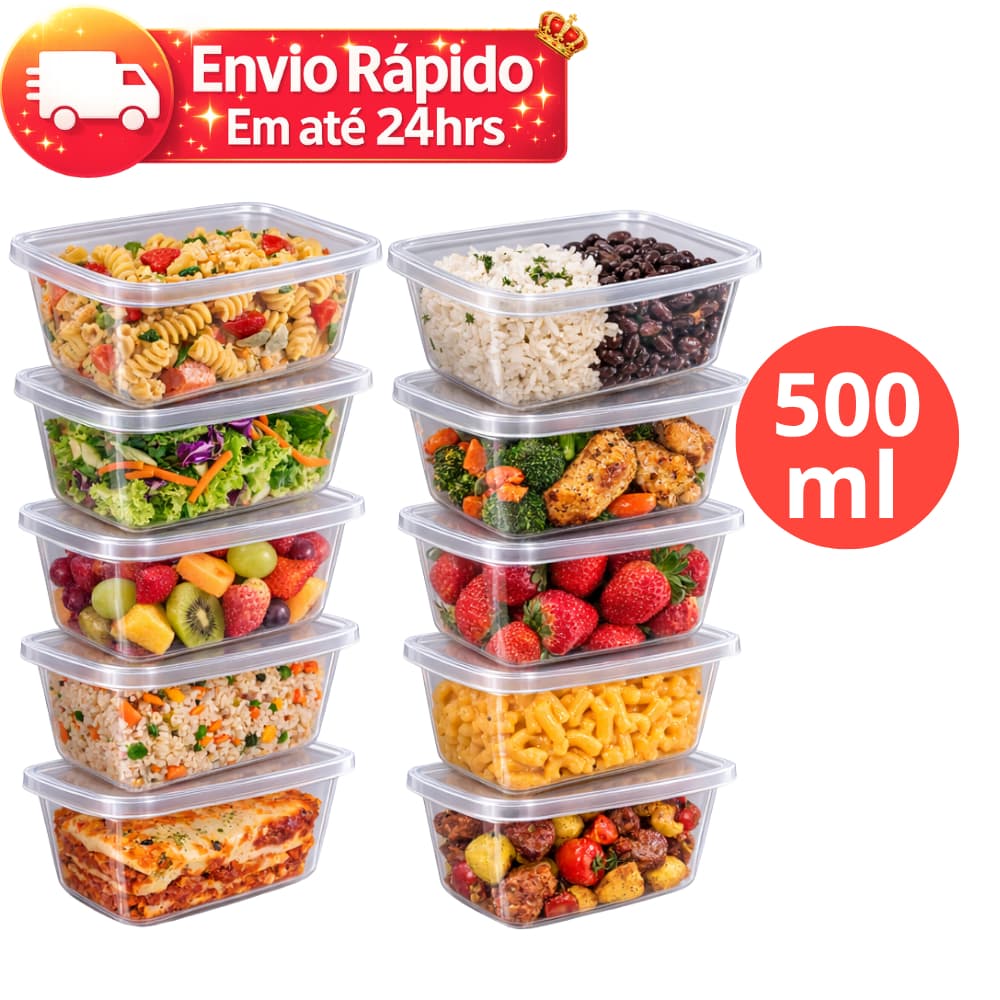 Kit 10 Potes 500 ml Retangular Reforçado Transparentes BPA Free Organizador de Alimentos Marmitas