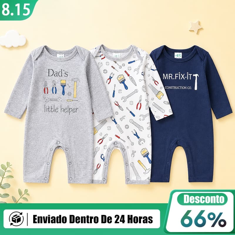 Kit Macacão Bebê Menino 3 Peças 100% Algodão Manga Longa Roupa Infantil Confortável