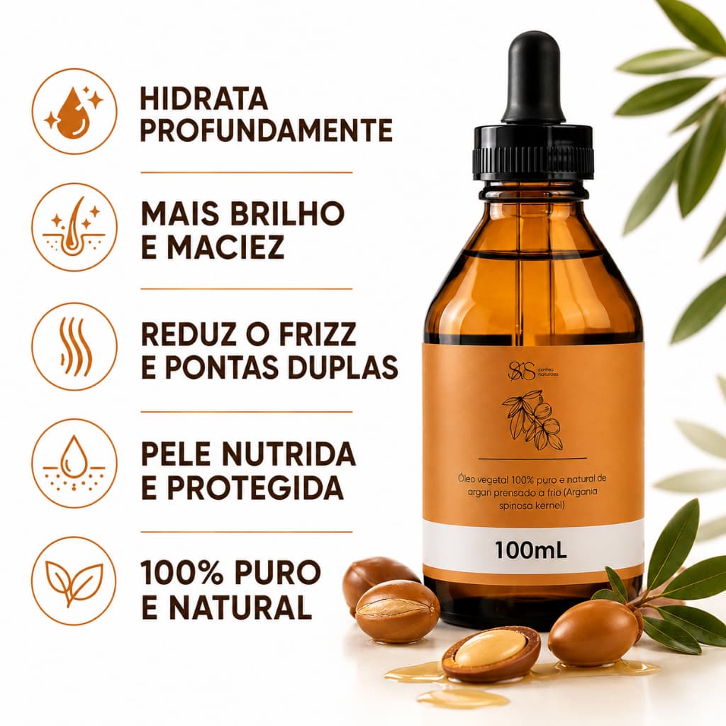 Óleo de Argan 100mL para Cabelos e Corpo Puro Natural Tratamento Hidratante Antifrizz e Reparador