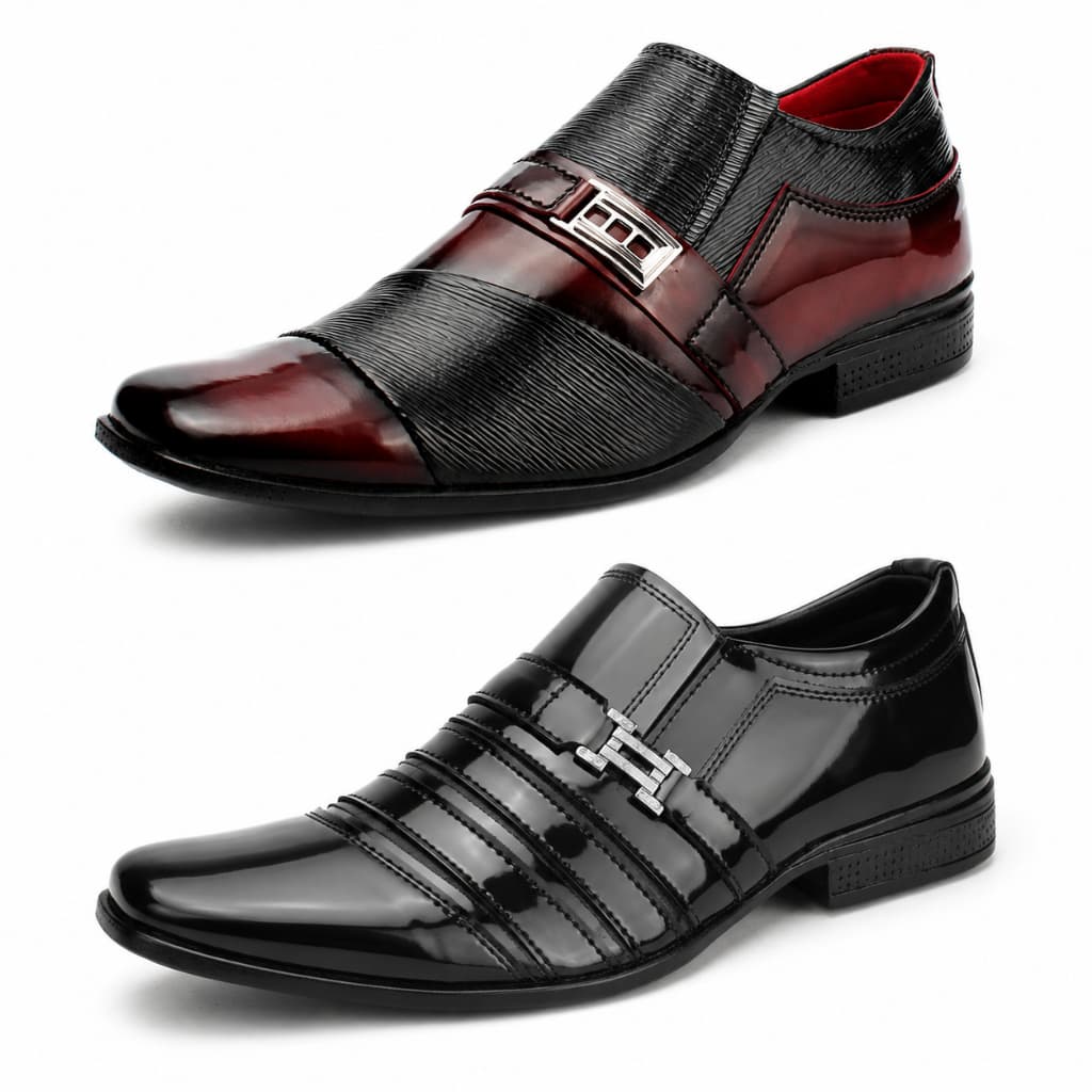 Sapato Social Masculino Kit 2 Pares Verniz Bordô e Preto Elegante Moderno Confortável Fivela
