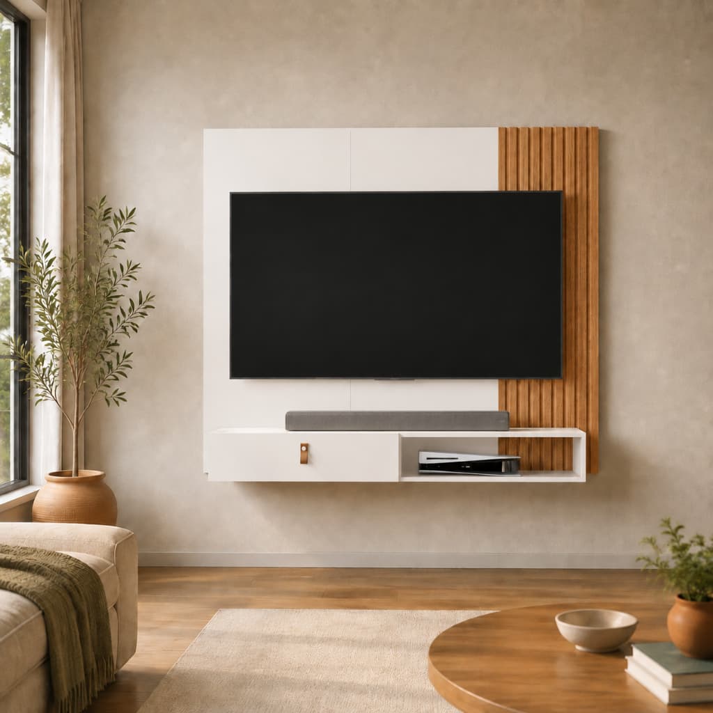 Painel suspenso Para TV Até 50 Polegadas Com Rack Integrado - Design Moderno Ripado