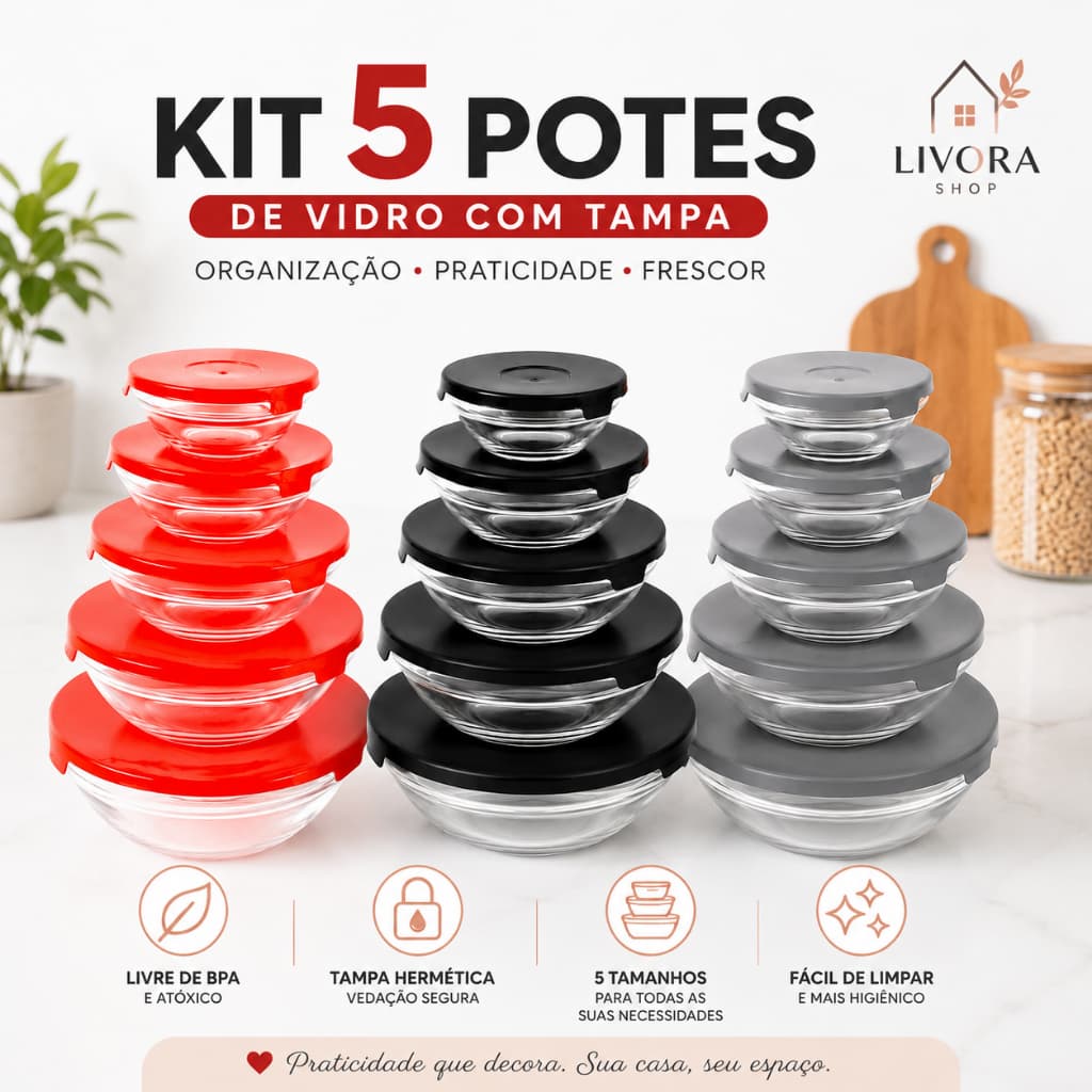 Kit 5 Potes de Vidro Redondos com Tampa Hermética Alimentos kit Marmita Cozinha Geladeira