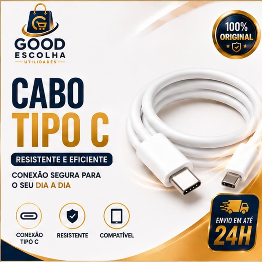 Cabo Tipo C USB-C para USB-C Carregamento Rápido Compatível com Celular Tablet e Dispositivos