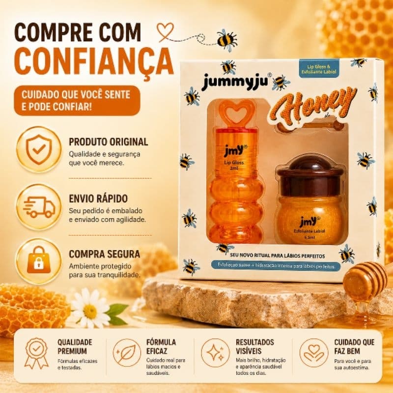 Lip Gloss Honey Jmy Esfoliante Labial +  Hidratação e Brilho 2em1 Labios Macios, Hidratados e Radiantes