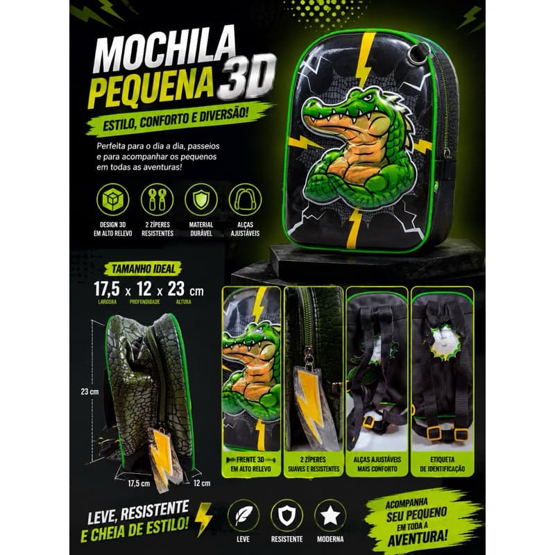 mochila pequena jacare, pequena para crianca, 3d metalizada